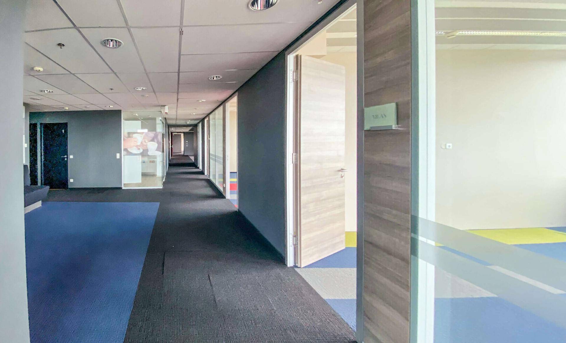 Langer Bürogang mit Teppichboden, Glastrennwänden und Holztüren zu den einzelnen Büros.