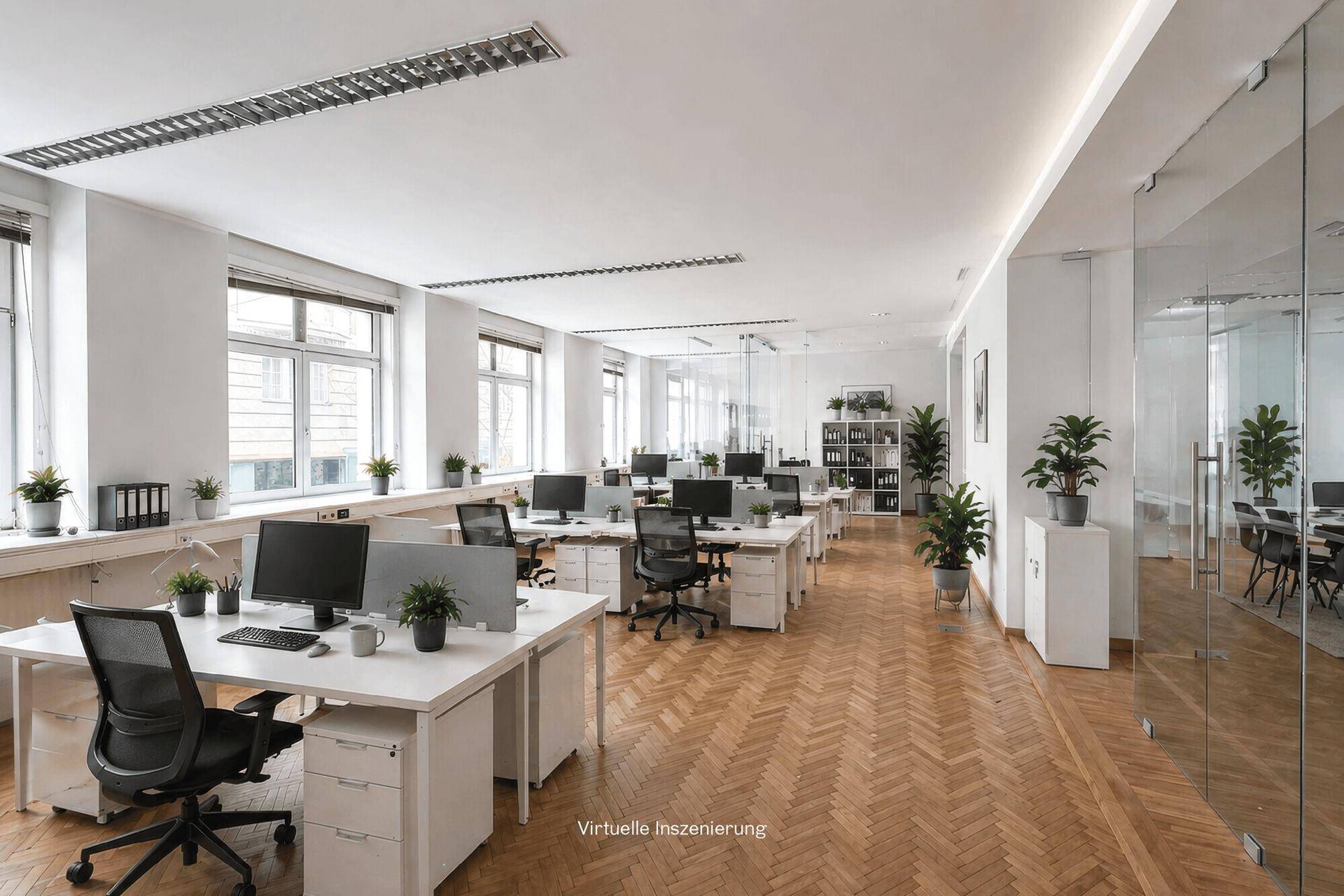 Virtuell inszenierter Großraumbüro mit mehreren Arbeitsplätzen, modernen Möbeln und viel Tageslicht.