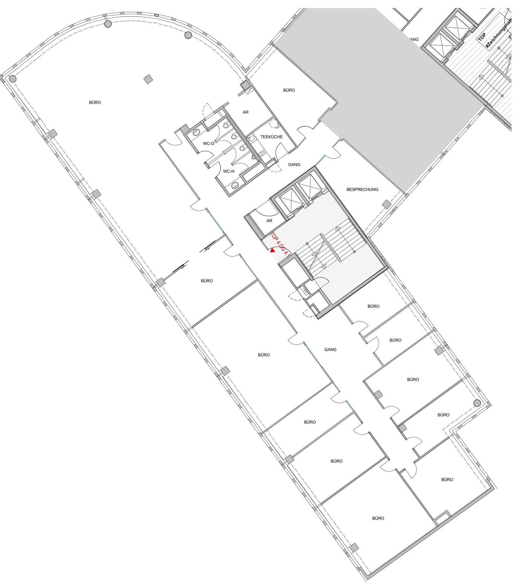 Grundriss eines Bürogeschosses mit mehreren Einzelbüros, einem Großraumbüro, Teeküche und Sanitäranlagen.