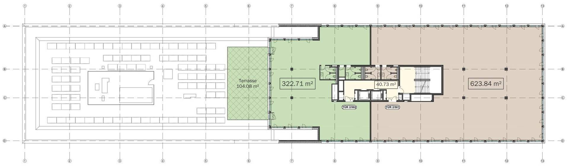 Grundriss einer Büroetage mit großzügiger Terrasse und flexiblen Arbeitsbereichen.
