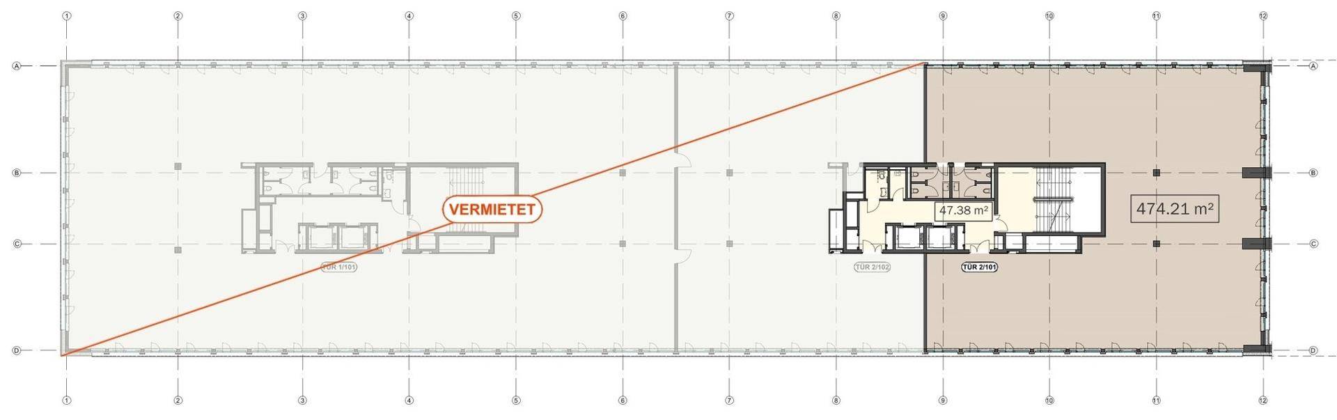 Grundriss einer Büroetage mit vermietetem Bereich und einem kleineren, verfügbaren Segment.