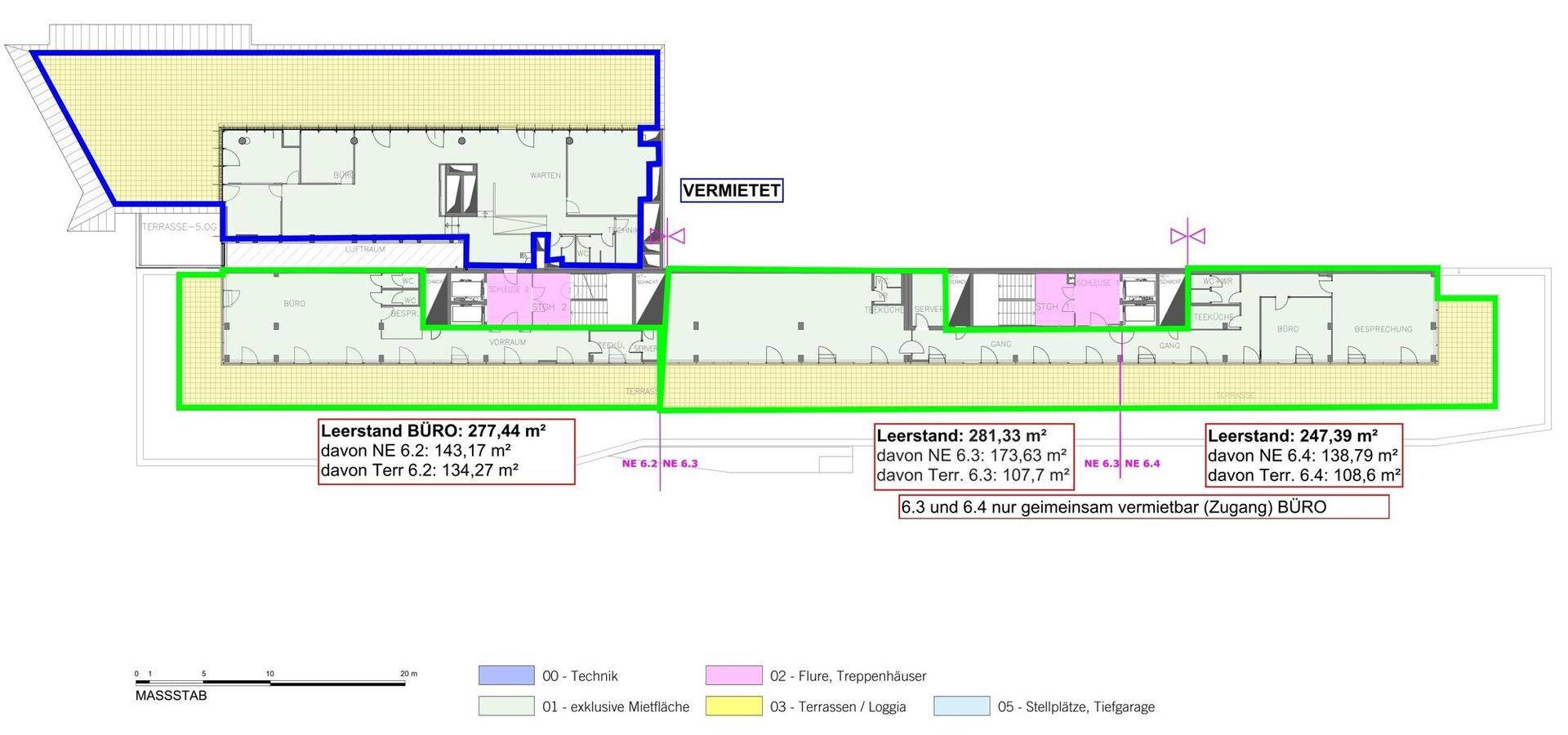 Grundrissplan mit mehreren Büroeinheiten, einigen vermieteten und freien Flächen sowie Terrassenbereichen.