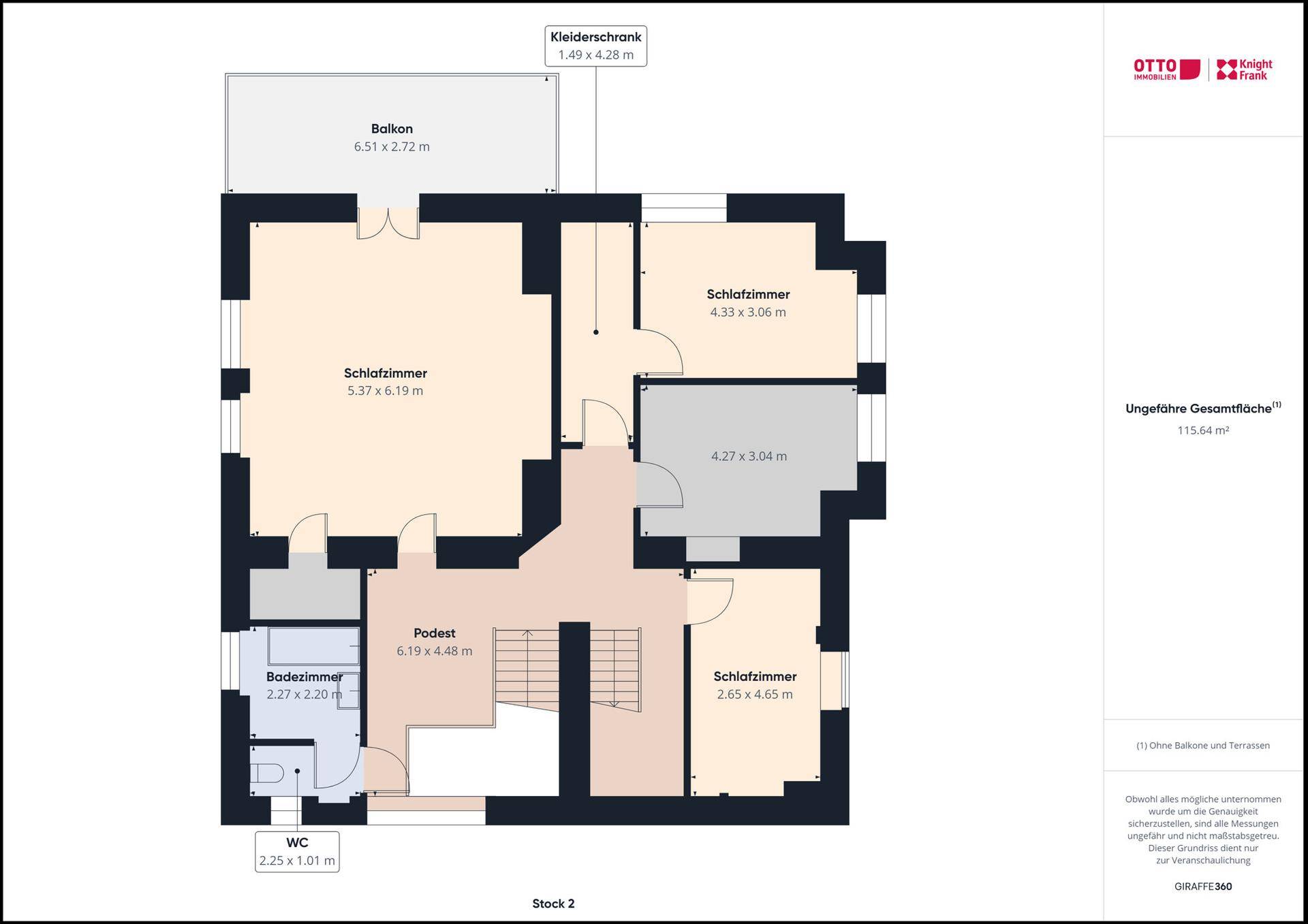 Grundriss des zweiten Stocks mit drei Schlafzimmern, einem Badezimmer und einem weiteren Balkon.