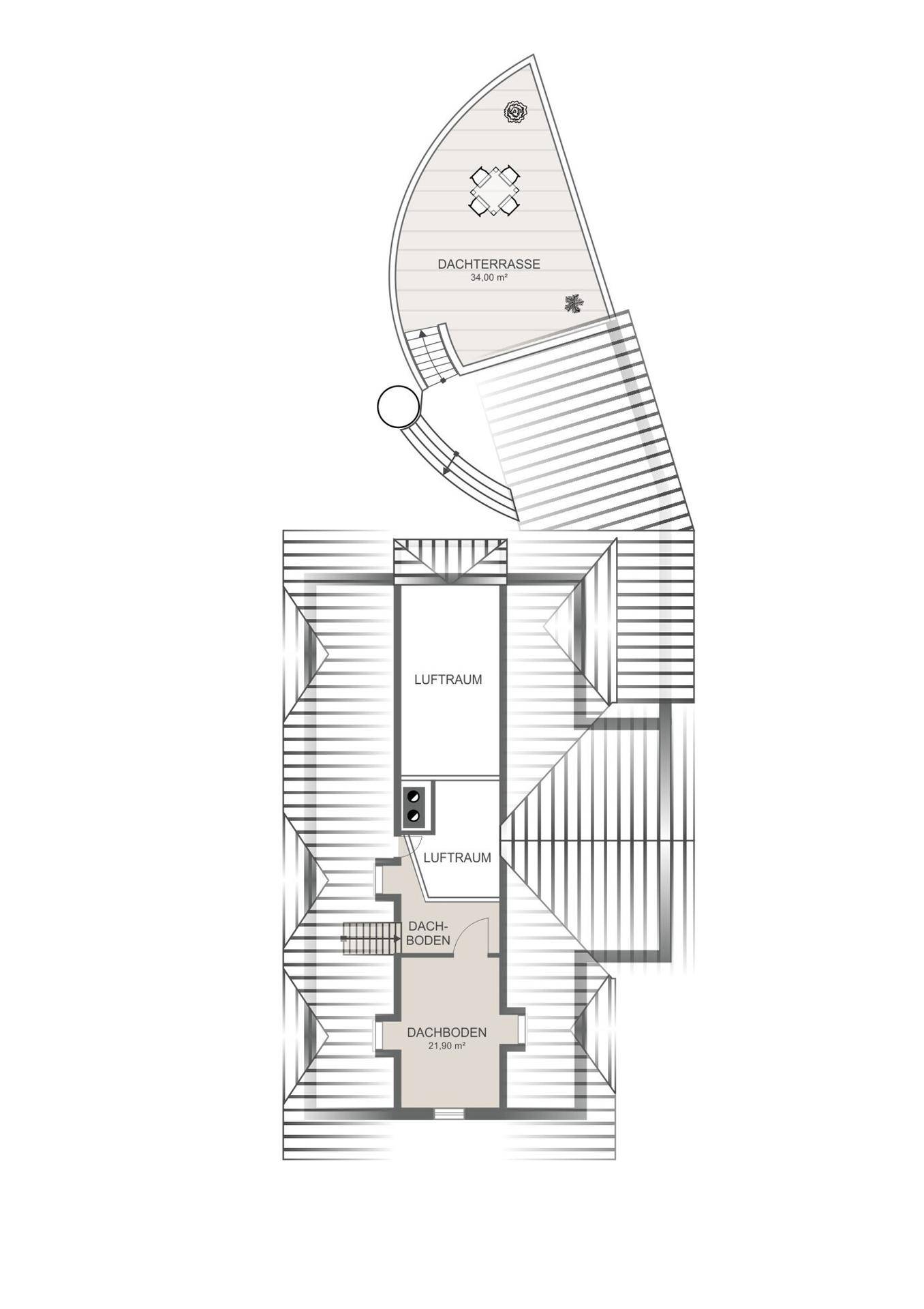 Grundriss des Dachgeschosses mit Dachterrasse und Lufträumen.