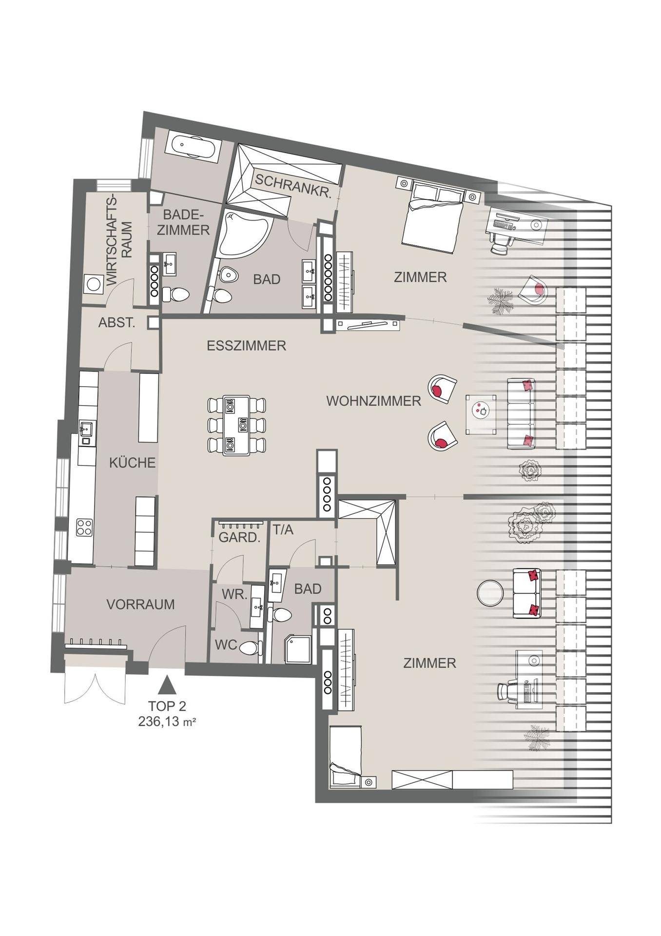 Detaillierter Grundriss der Wohnung mit mehreren Zimmern, Bädern und großem Balkon.