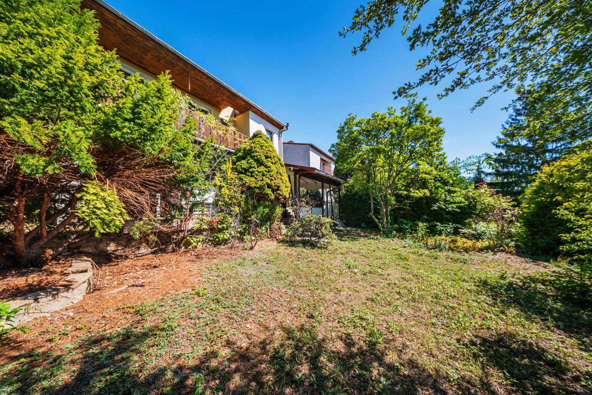 Weitläufiger Gartenbereich vor dem Haus mit üppiger Vegetation und sonnigem Rasen unter blauem Himmel.