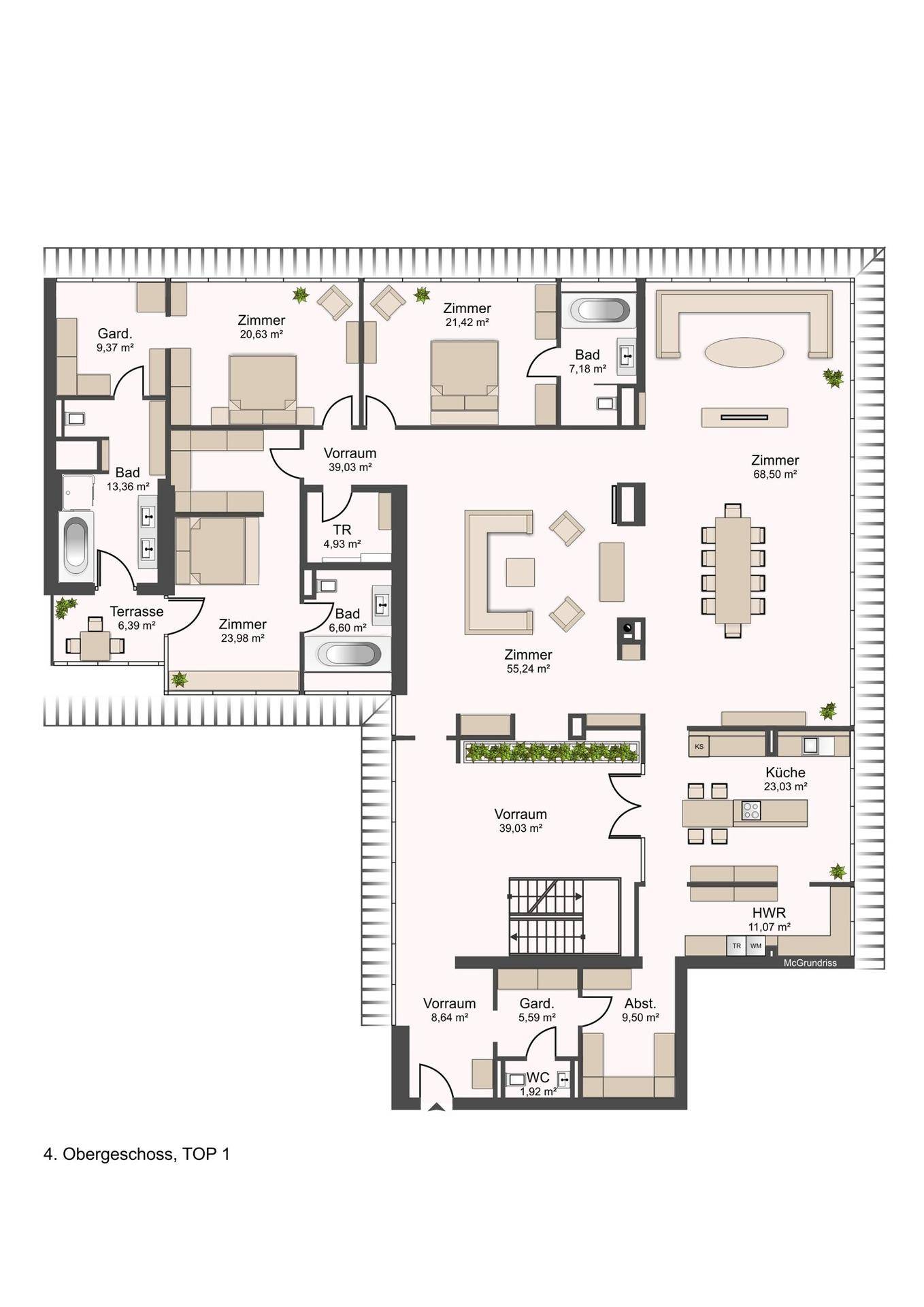 Detaillierter Grundriss des 4. Obergeschosses, Top 1, mit mehreren Zimmern und Terrassen.