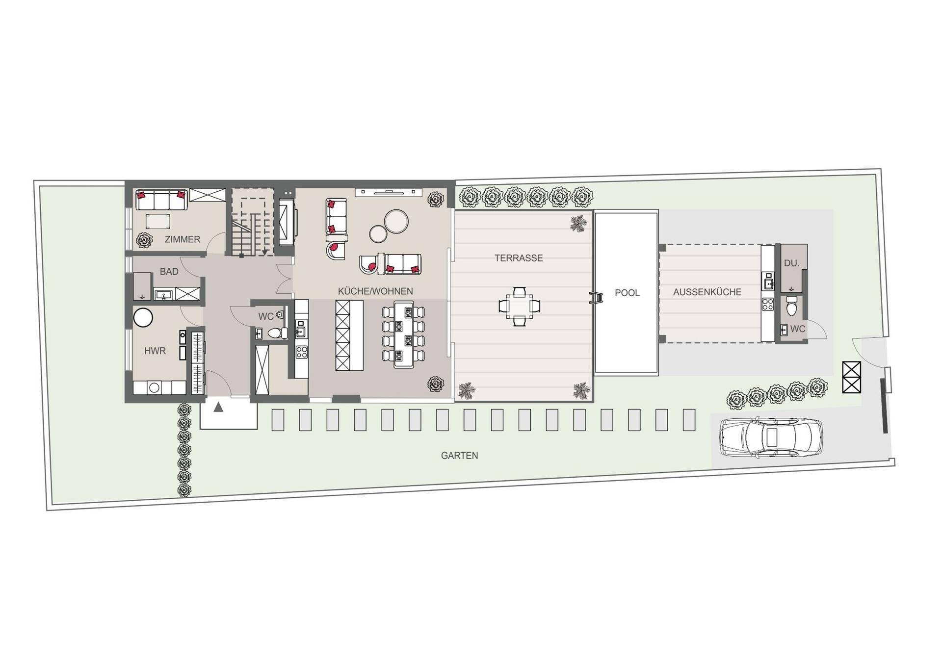 Grundriss des Erdgeschosses mit offenem Wohnbereich, Küche, Terrasse, Pool und Außenküche.