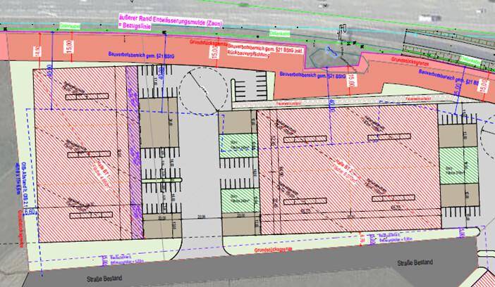 Ausschnitt eines Bebauungsplans mit geplanten Gebäuden, Parkflächen und Zufahrtswegen für ein Gewerbegebiet.