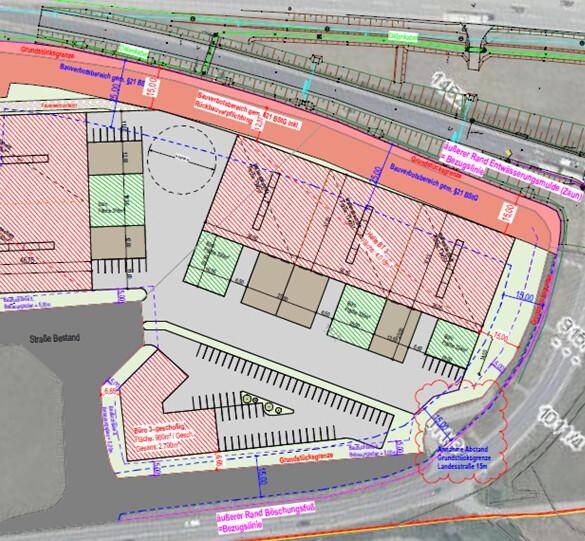 Detailansicht eines Lageplans mit geplanten Gewerbebauten, Parkplätzen und der Anbindung an die Landesstraße.