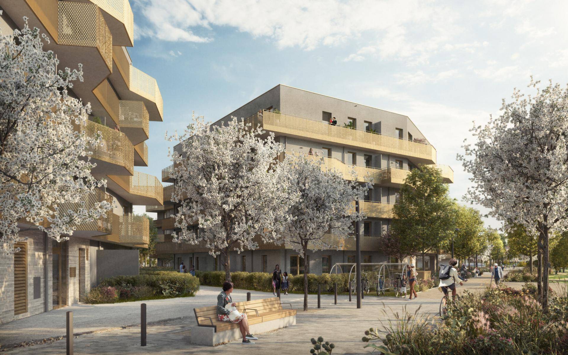 Ansicht moderner Wohngebäude mit blühenden Bäumen und belebten Außenbereichen in einer Rendering-Darstellung.