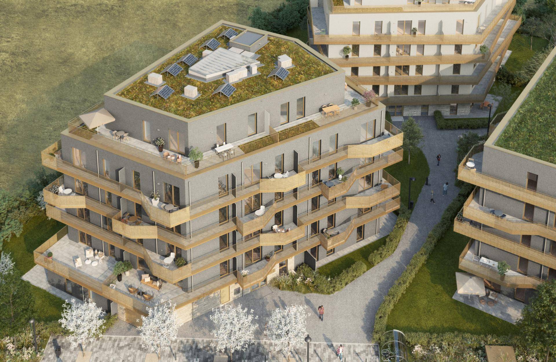 Luftaufnahme eines modernen Wohngebäudes mit begrüntem Flachdach und Photovoltaikanlage.