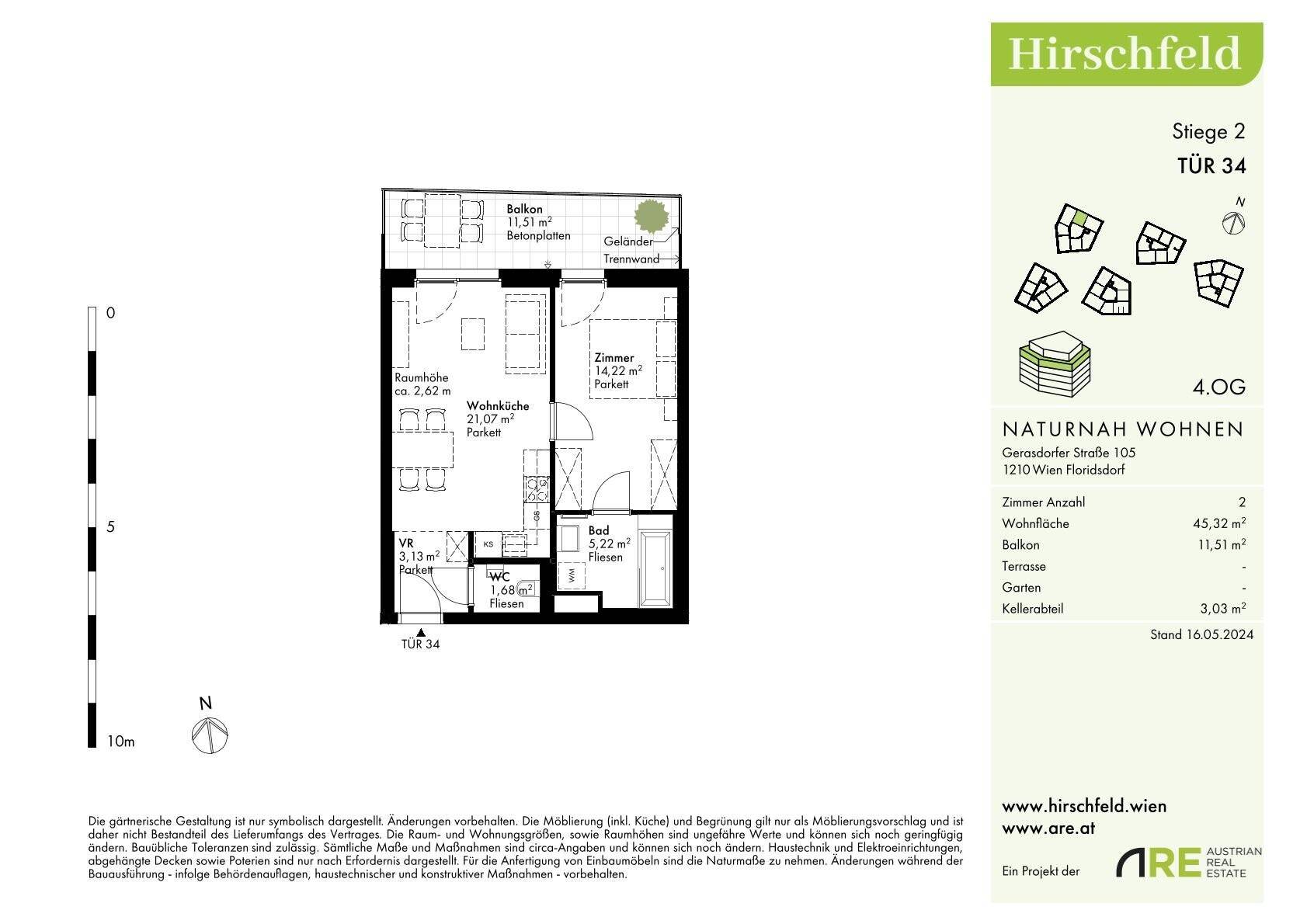 Detaillierter Grundriss der Wohnung mit Balkon, Wohnküche, Schlafzimmer und separatem WC.