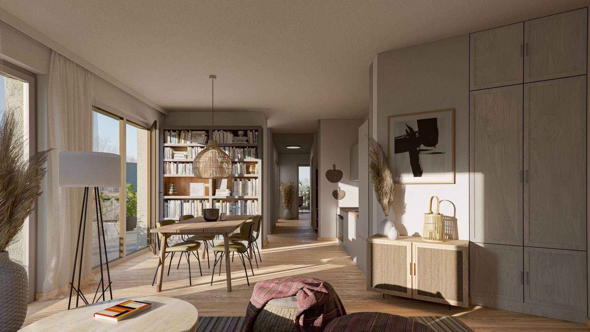 Lichtdurchfluteter Wohn-Essbereich mit großem Bücherregal und Zugang zum Balkon.