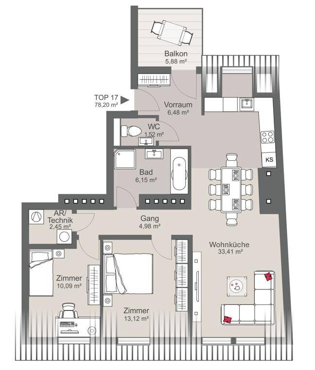 Grundriss einer Wohnung mit Balkon, zwei Schlafzimmern und offener Wohnküche.
