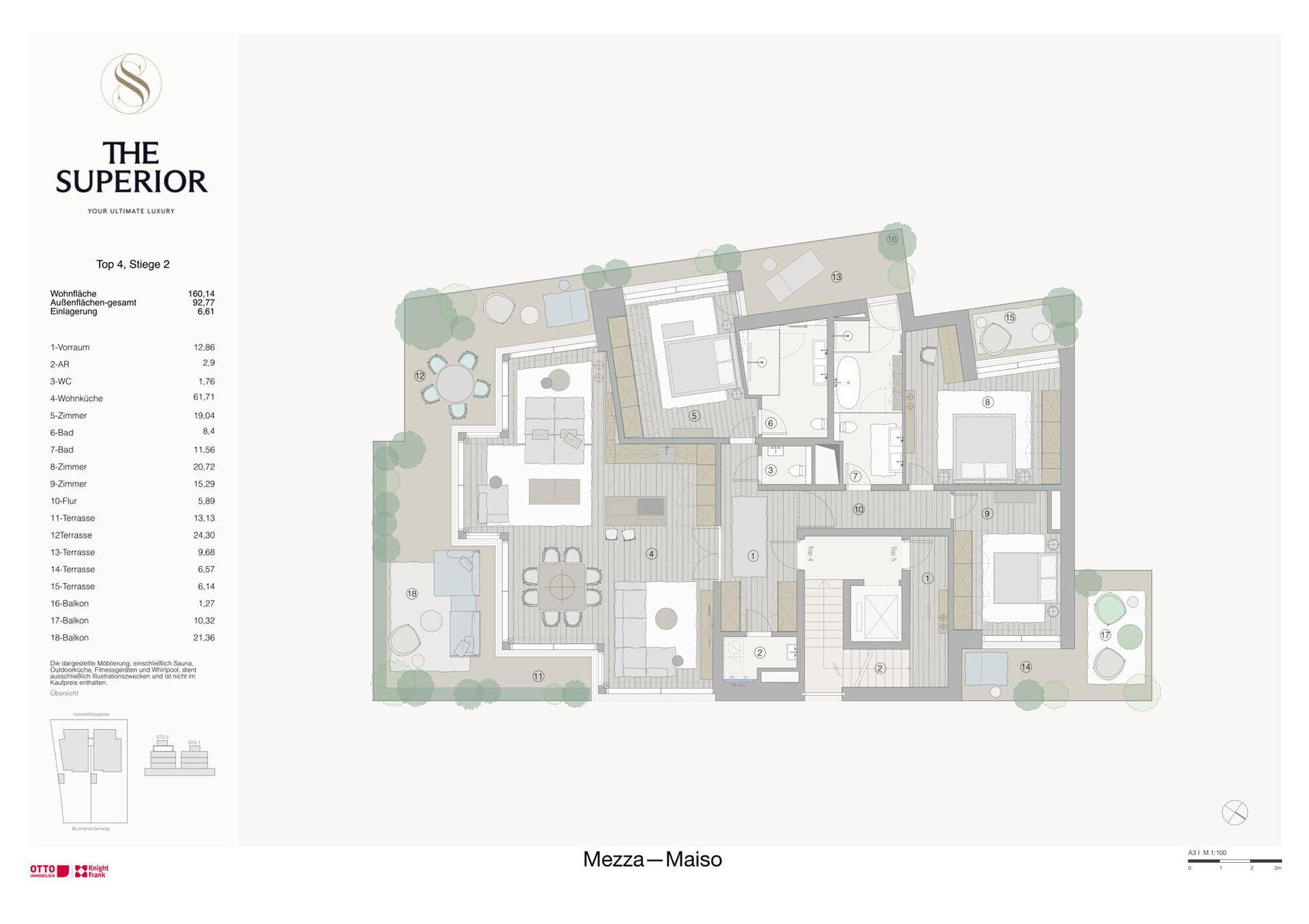 Detaillierter Grundriss einer Maisonette-Wohnung mit mehreren Terrassen und Balkonen sowie offenem Wohnbereich.