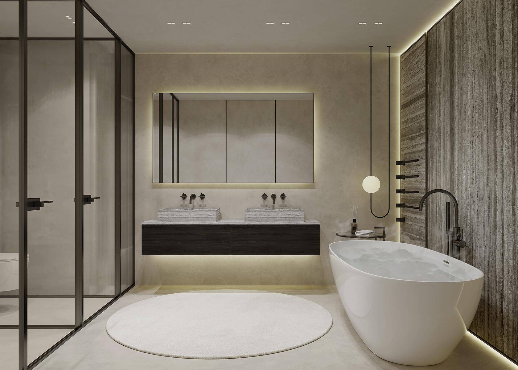 Luxuriöses Badezimmer mit freistehender Badewanne, Doppelwaschbecken und moderner Glasduschkabine.