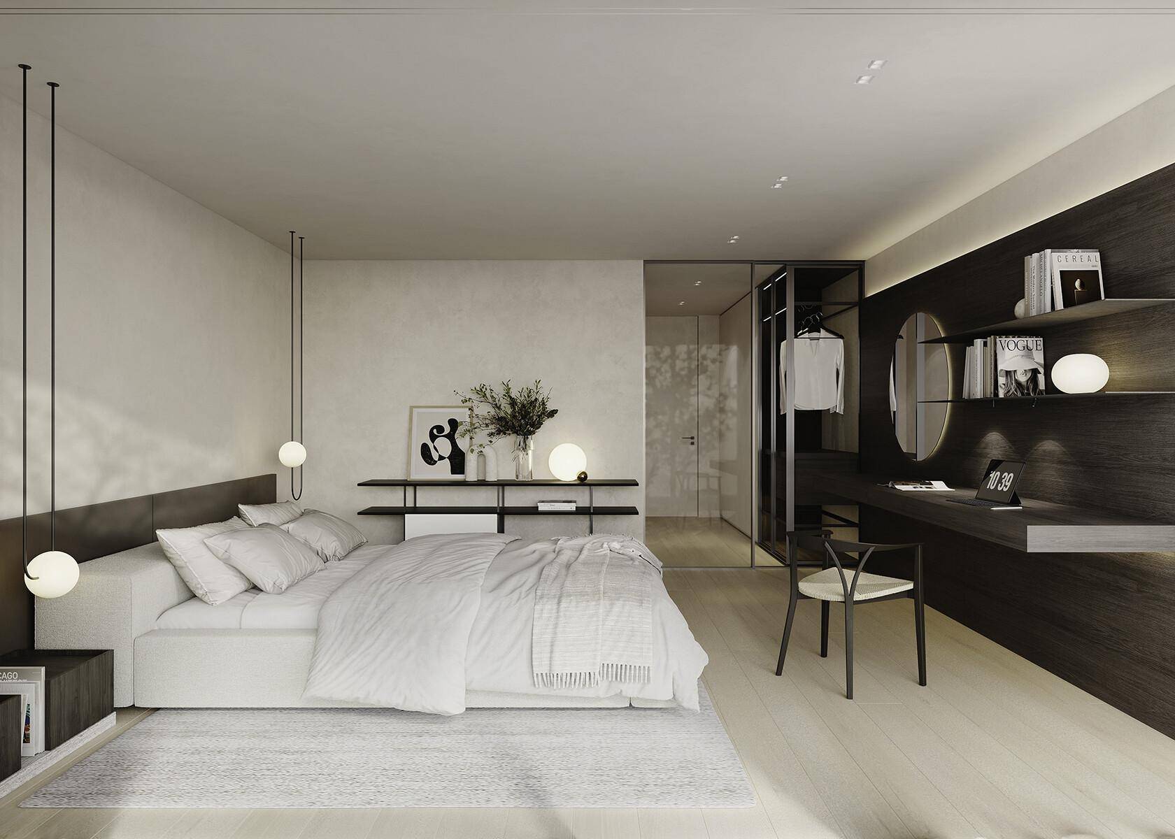 Modernes Schlafzimmer mit großem Bett, integriertem Schreibtisch und Zugang zu einem begehbaren Kleiderschrank.
