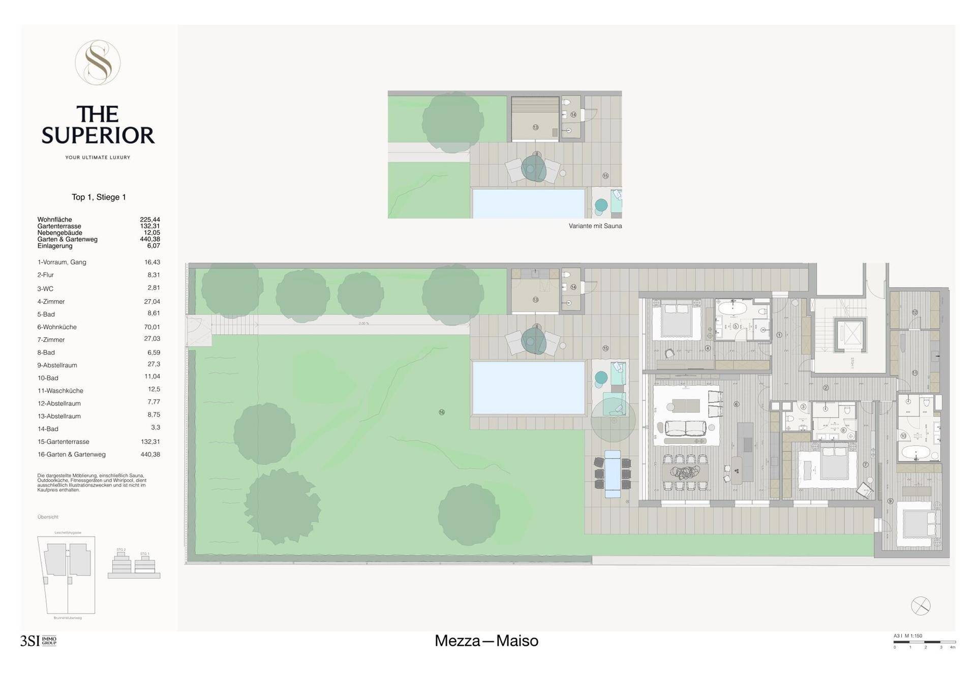 Grundriss der Top 1 Wohnung mit großem Garten, privatem Pool und Saunaoption.