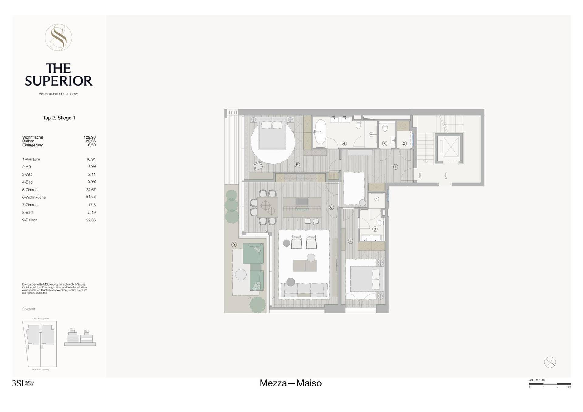 Detaillierter Grundriss einer Maisonette-Wohnung mit offenem Wohnbereich, zwei Bädern und mehreren Balkonen.