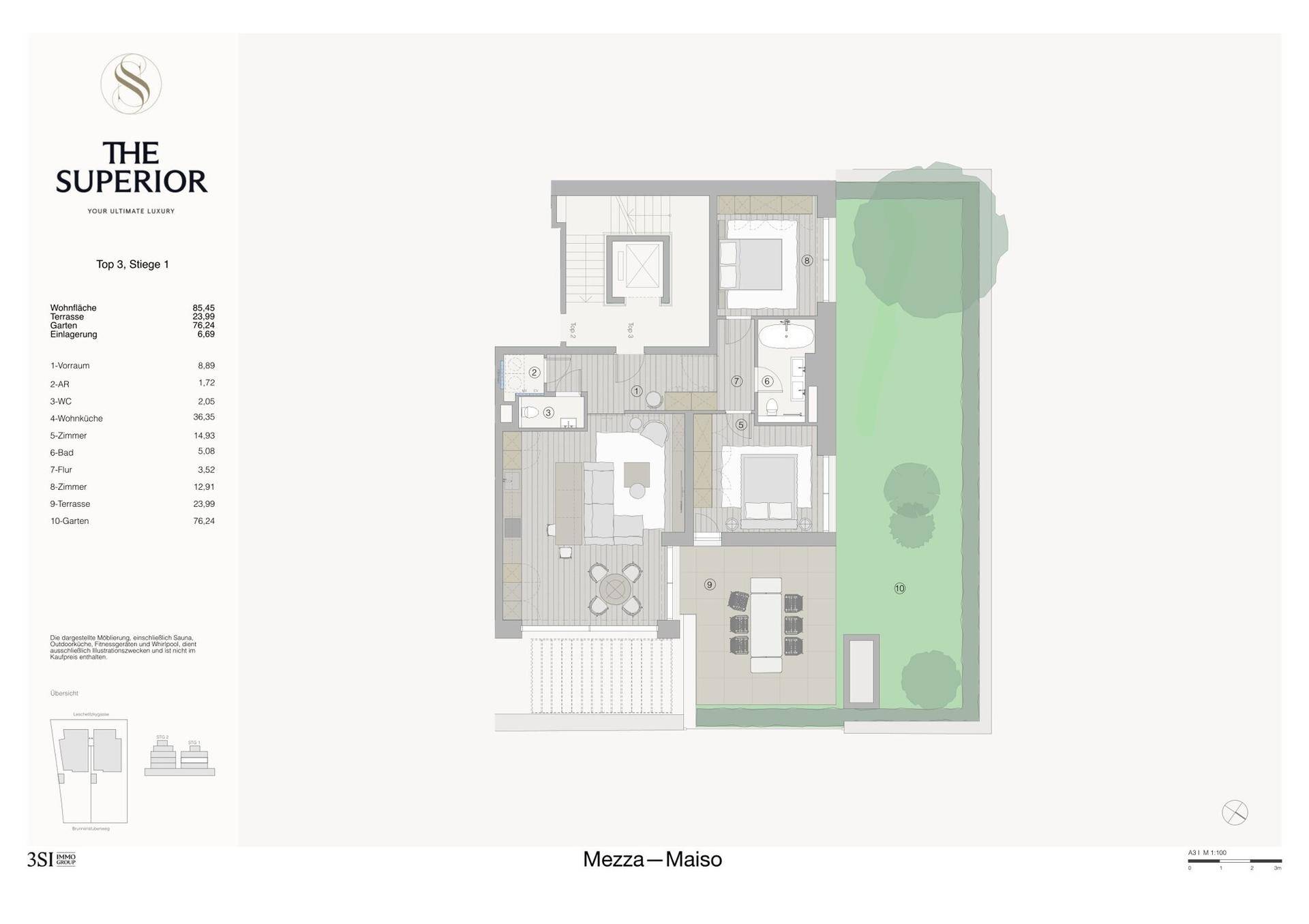 Grundriss einer Maisonette-Wohnung mit Garten, Terrasse und offenem Wohnbereich.