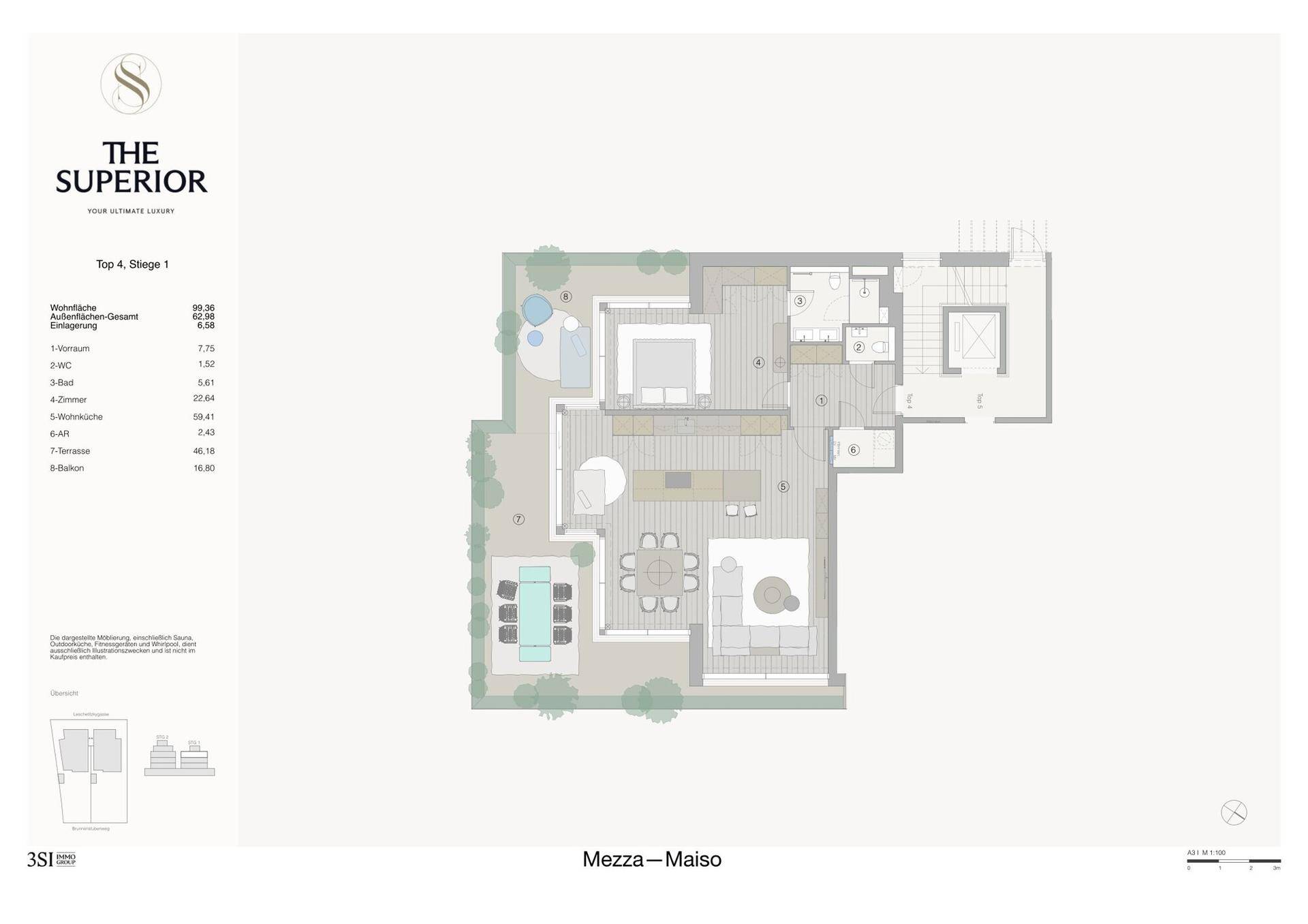 Grundriss der Wohnung Top 4 mit offenem Wohnbereich, Terrasse und Gartenanteil.