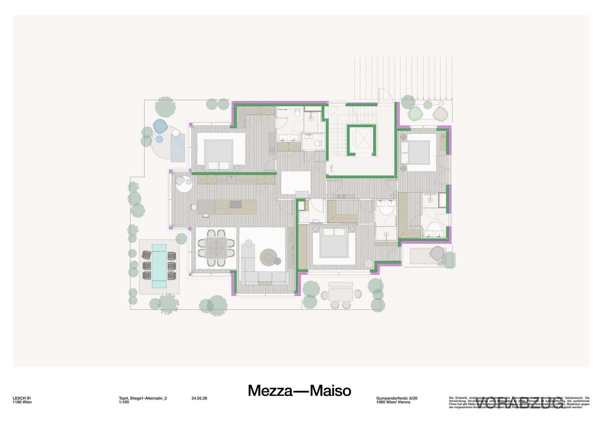 Detaillierter Grundriss einer Maisonette-Wohnung mit mehreren Zimmern und Außenbereichen.