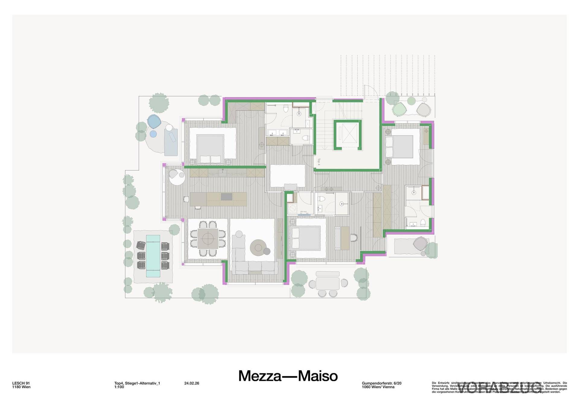 Übersichtlicher Grundriss einer Maisonette-Wohnung mit großzügigen Wohn- und Außenbereichen.