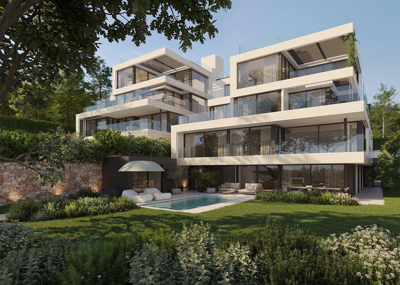 Exklusive Wohnanlage mit privatem Pool, gepflegtem Garten und modernen Terrassenbereichen.