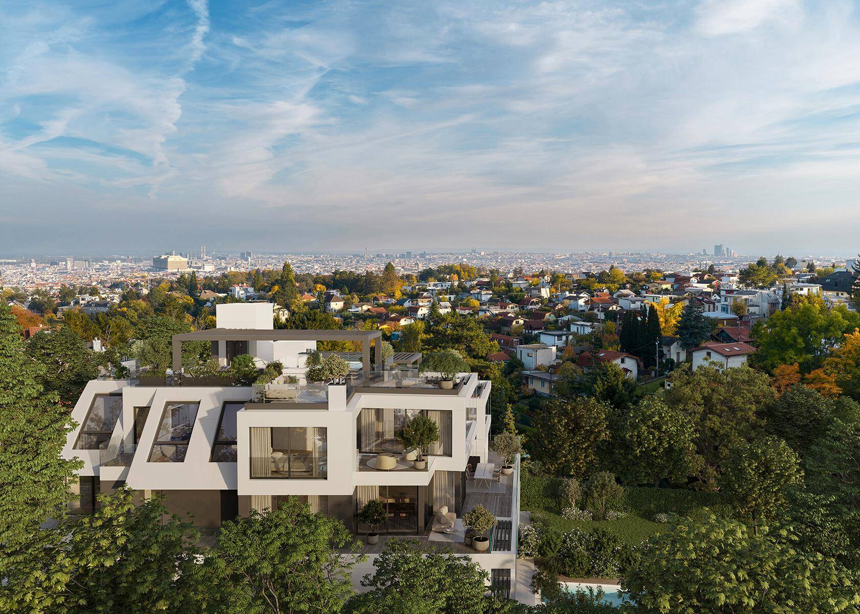 Zeitgenössische Architektur mit großzügigen Terrassen und Panoramablick über die Stadtlandschaft.