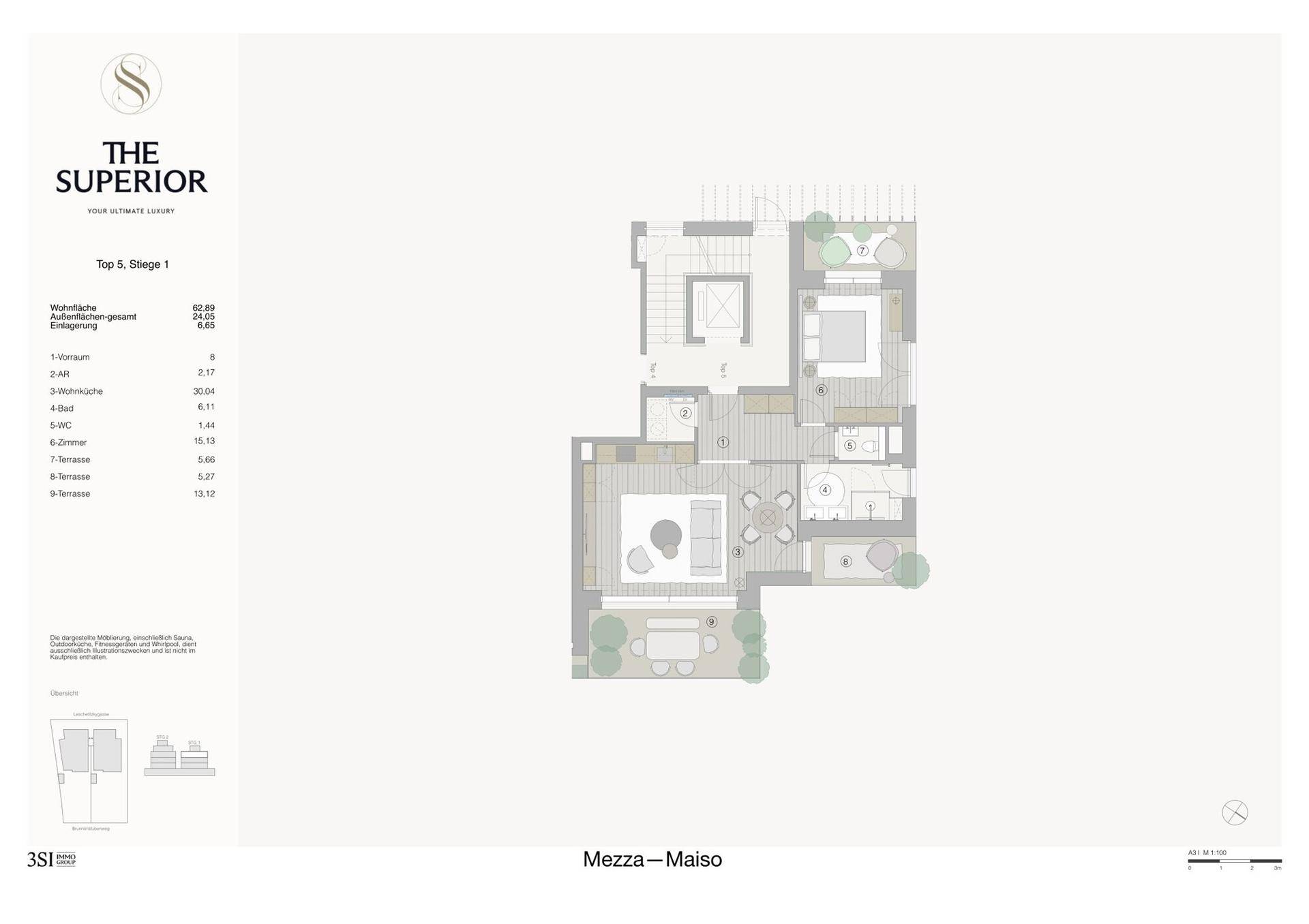 Grundriss einer modernen Wohnung mit Terrasse und offenem Wohnbereich.