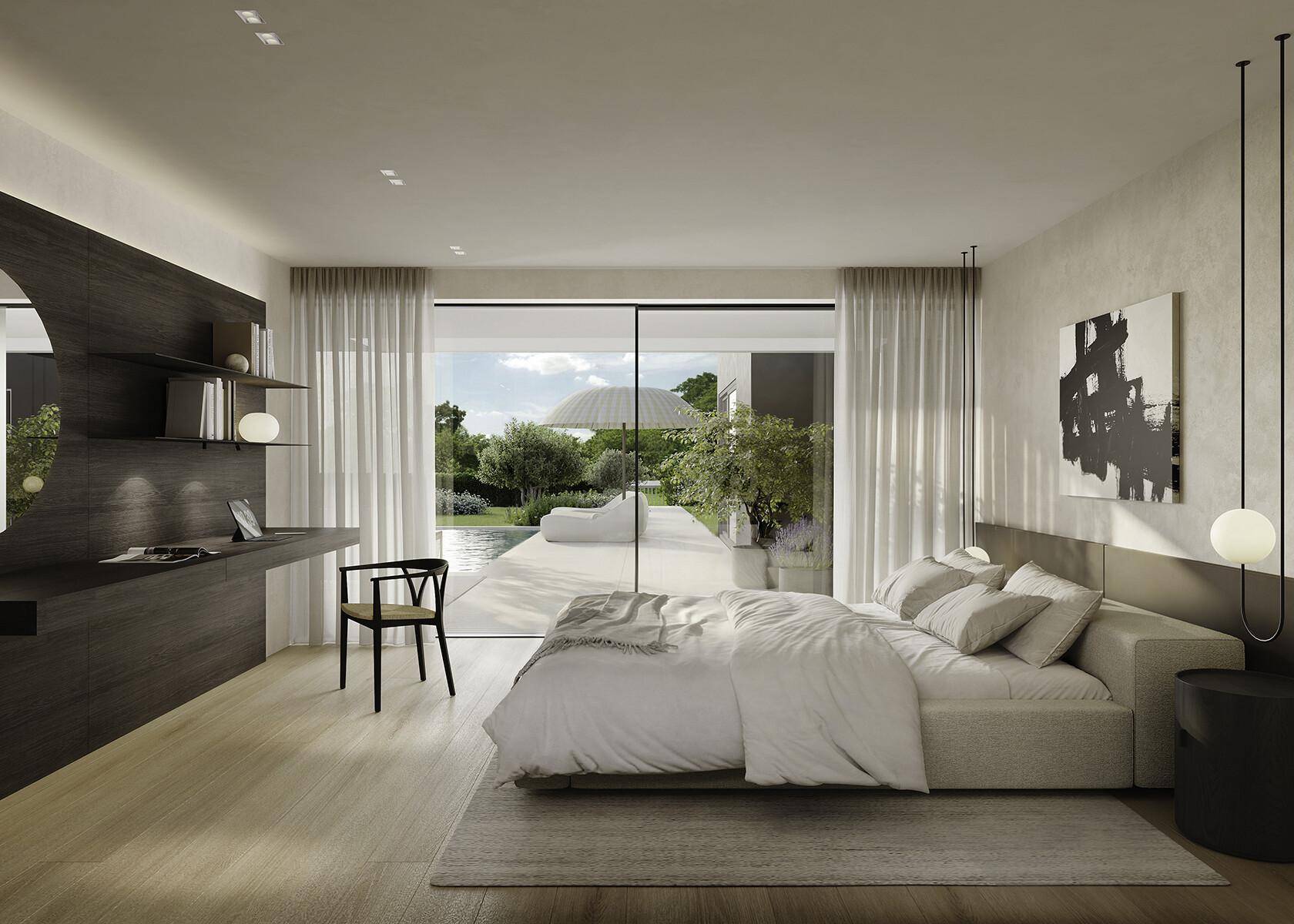 Modernes Schlafzimmer mit Zugang zum Außenbereich, Poolblick und minimalistischer Einrichtung.