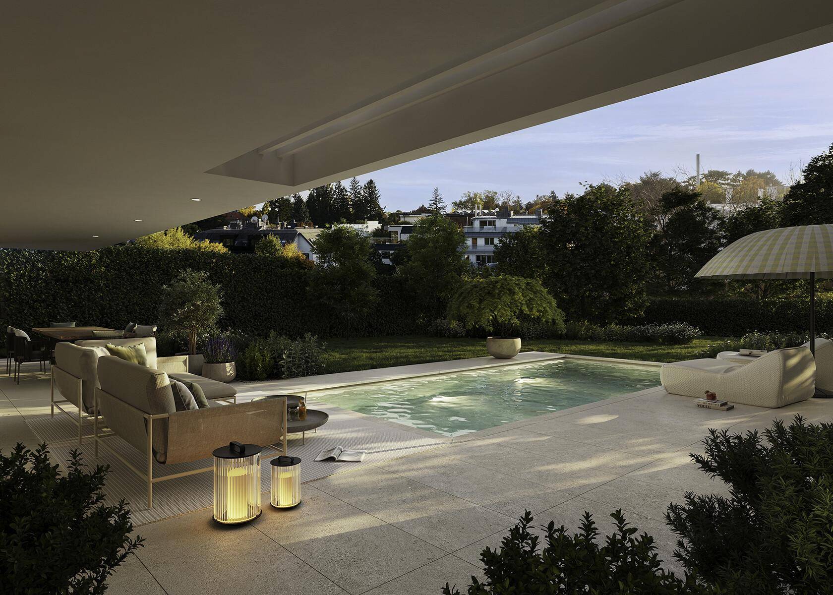 Geräumige Terrasse mit privatem Pool, bequemen Sitzgelegenheiten und Blick ins Grüne.