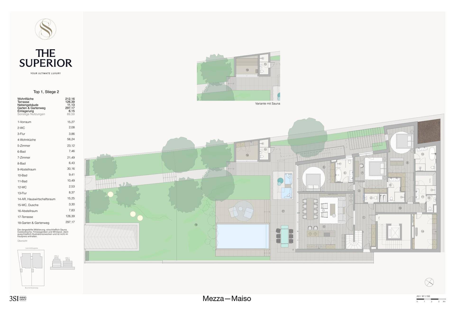 Detaillierter Grundriss einer Wohnung mit Garten, Pool und mehreren Zimmern.