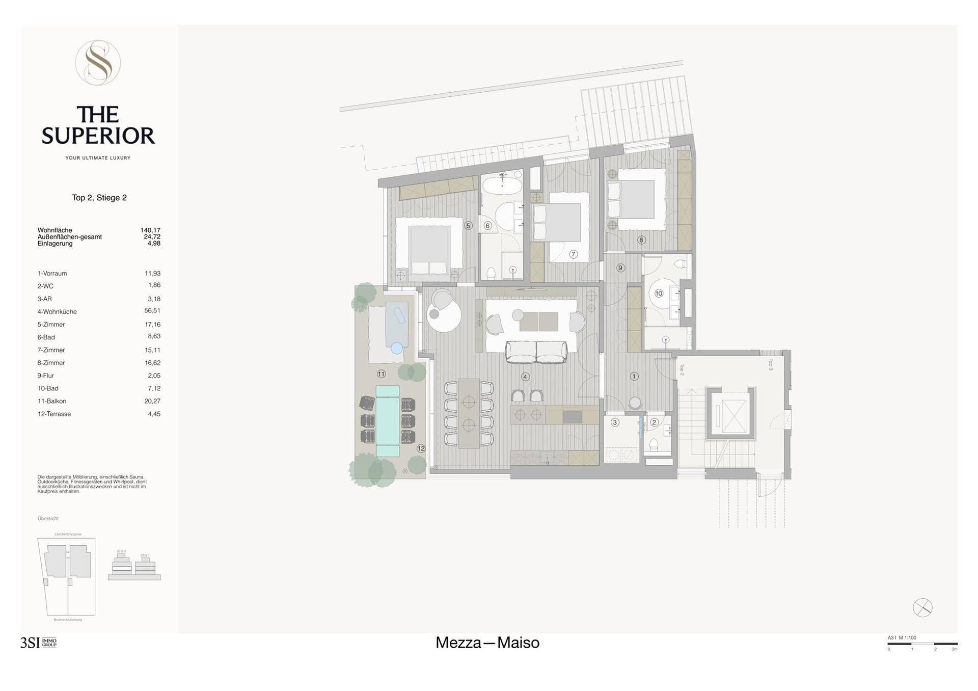 Detaillierter Grundriss einer Maisonette-Wohnung mit mehreren Zimmern und Außenbereichen.