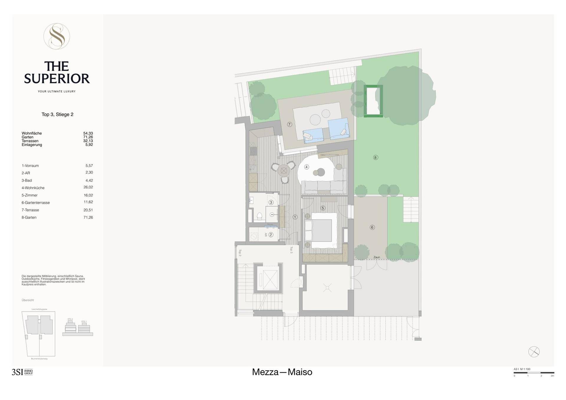 Grundriss einer Maisonette-Wohnung mit Garten, Terrasse und offenem Wohnbereich.
