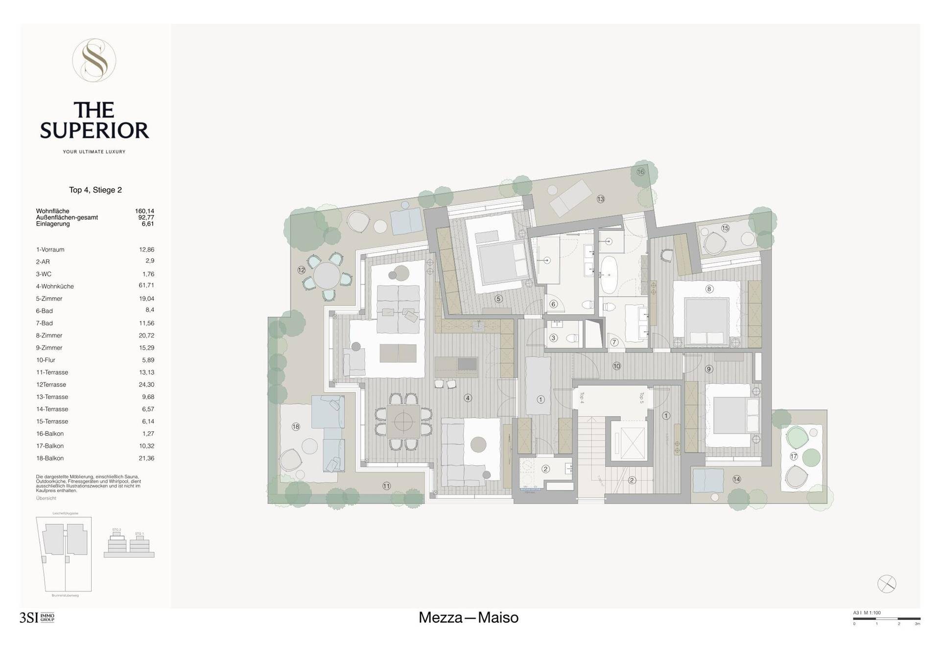Detaillierter Grundriss einer Maisonette-Wohnung mit mehreren Terrassen und Balkonen sowie offenem Wohnbereich.