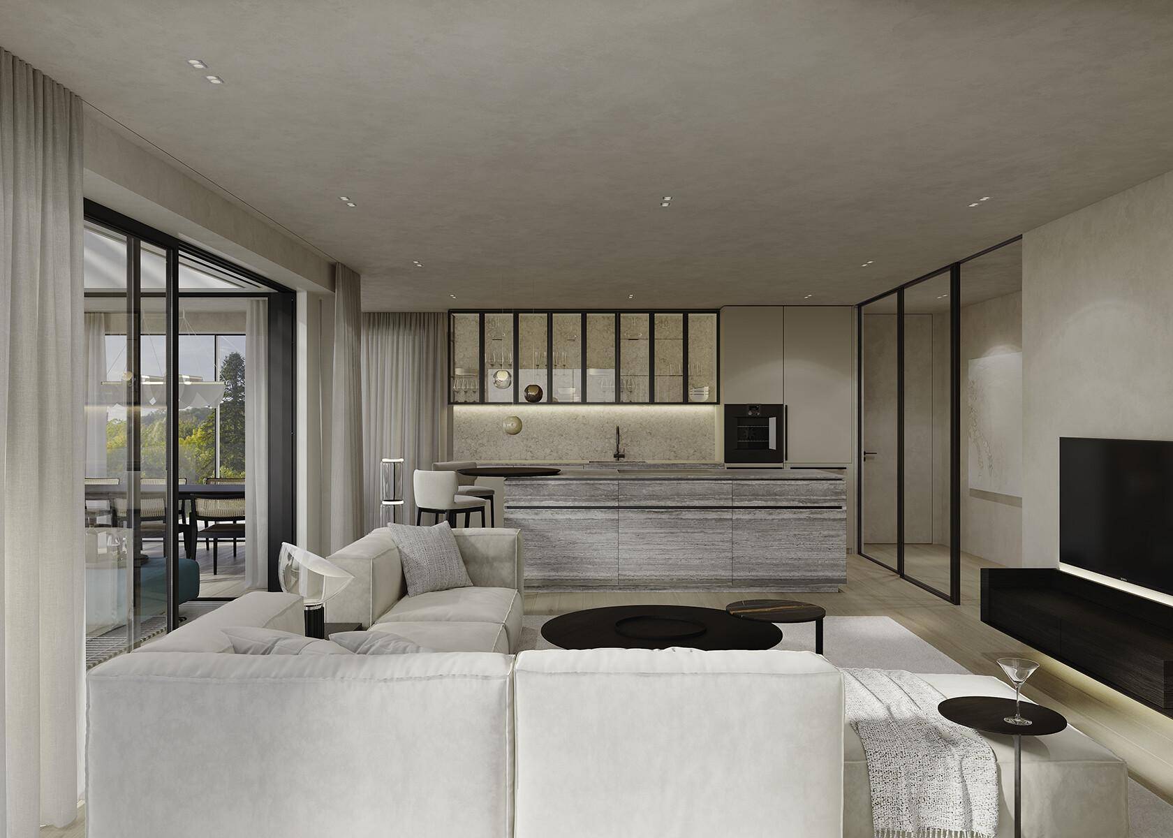 Offener Wohnbereich mit integrierter Küche, modernen Möbeln und Zugang zur Terrasse.