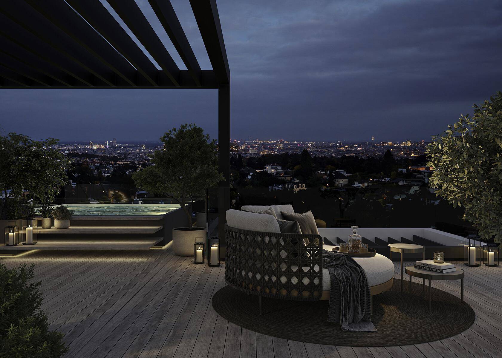 Beleuchtete Dachterrasse bei Nacht mit Lounge-Möbeln und weitem Stadtblick.