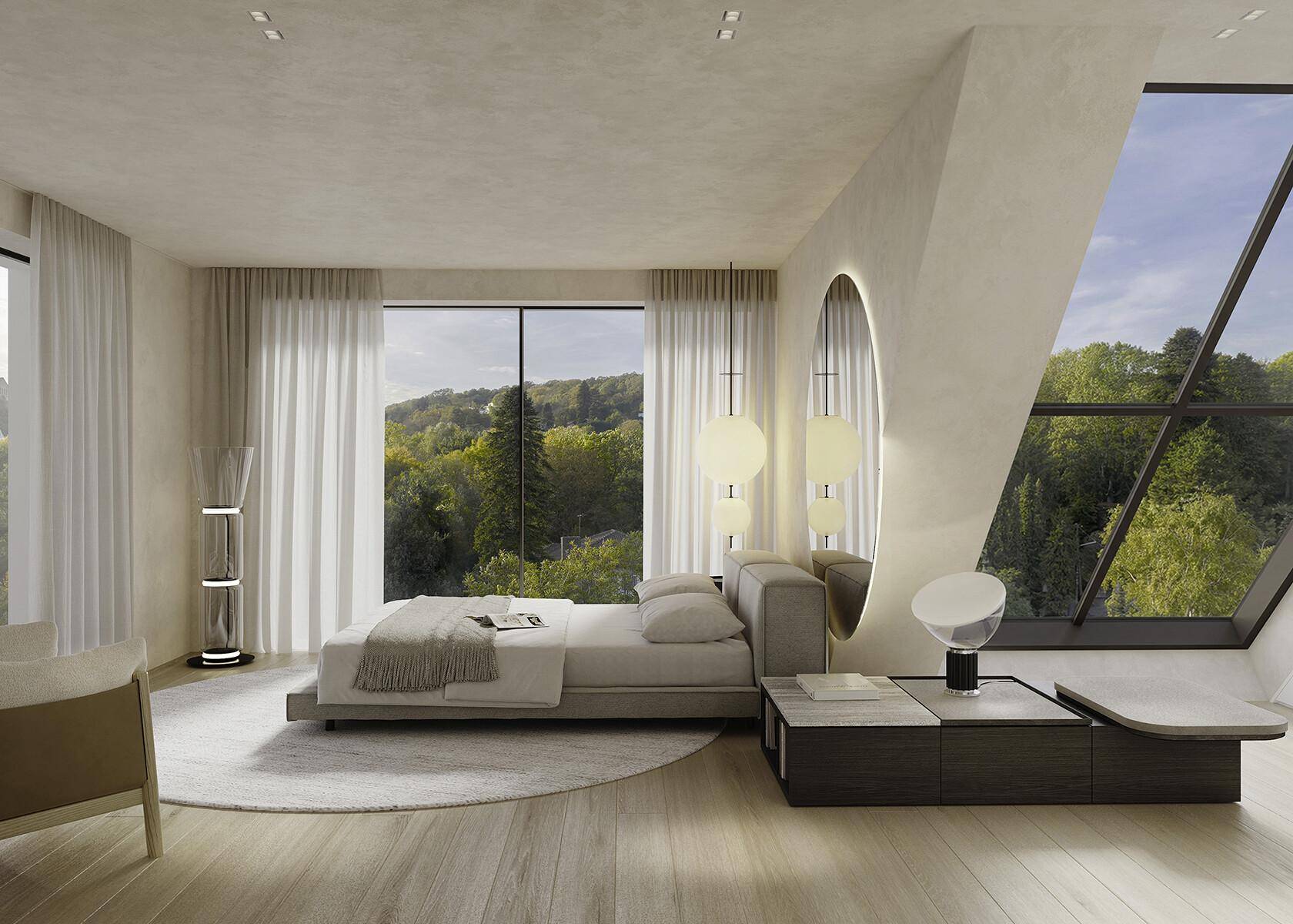 Modernes Schlafzimmer mit großen Fenstern, Holzboden und Blick ins Grüne.