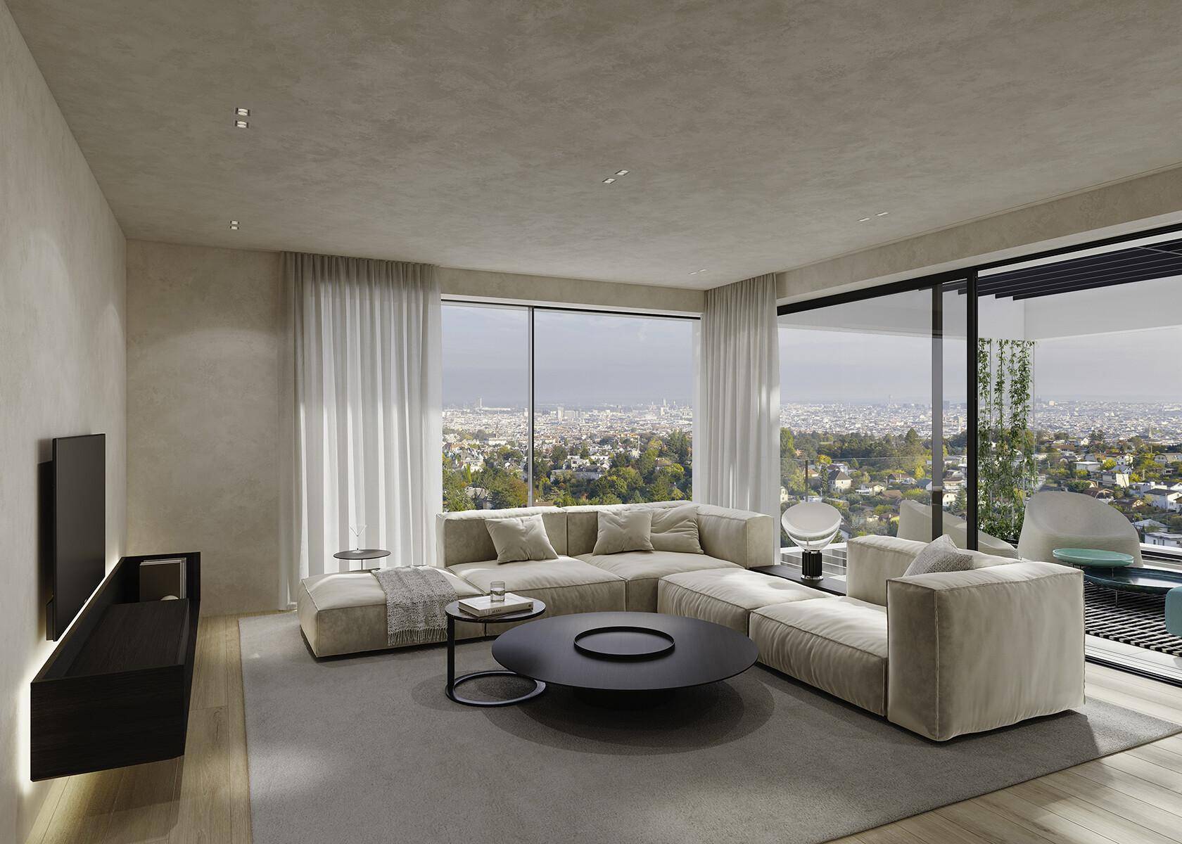 Geräumiges Wohnzimmer mit beigem Ecksofa, großem Fenster und Stadtblick.