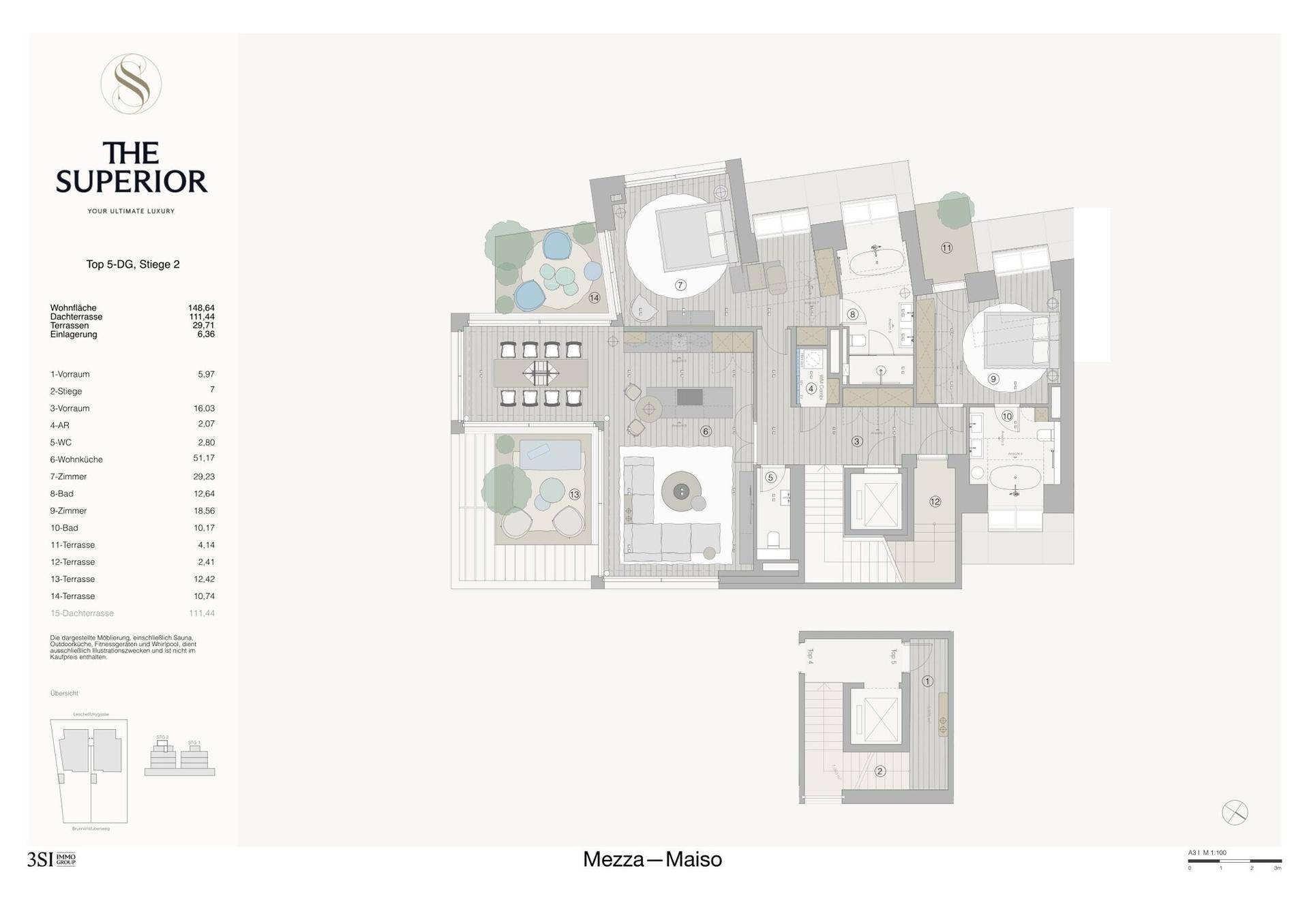 Detaillierter Grundriss einer Maisonette-Wohnung mit mehreren Zimmern und Bädern.