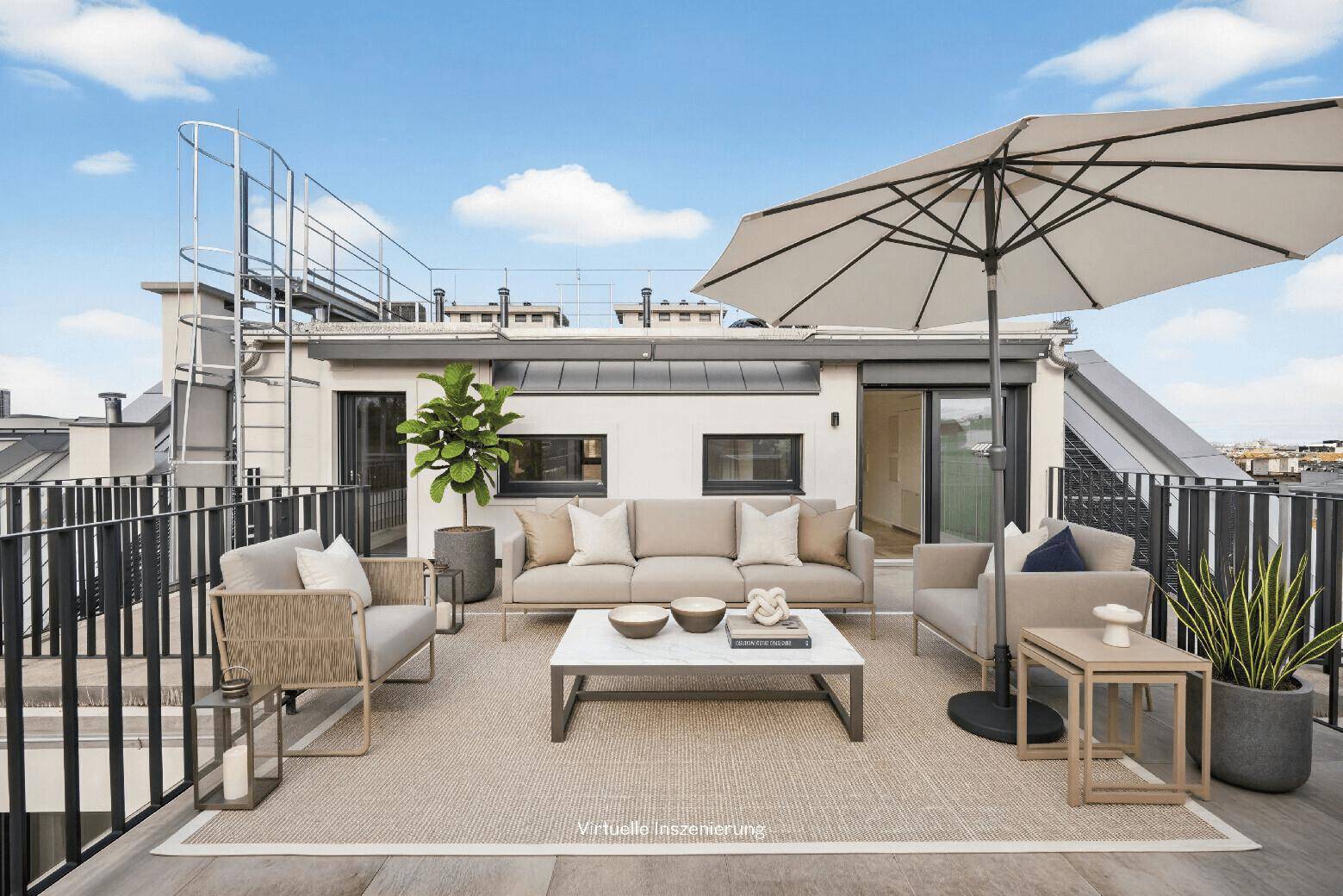 Geräumige Dachterrasse mit bequemen Loungemöbeln und Sonnenschirm, perfekt zum Entspannen.