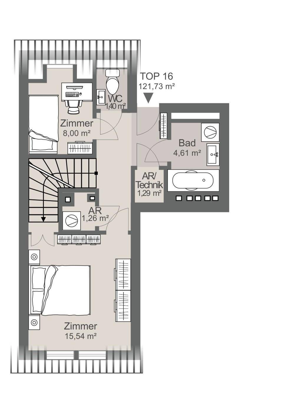 Grundriss von TOP 16 mit zwei Zimmern, Bad, WC und Technikraum auf 121,73 m².