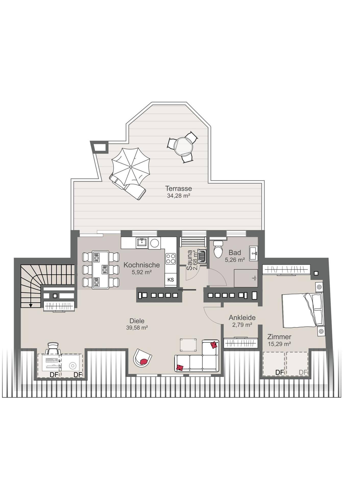 Grundriss mit Terrasse, Kochnische, Sauna, Bad, Diele, Ankleide und einem Zimmer.
