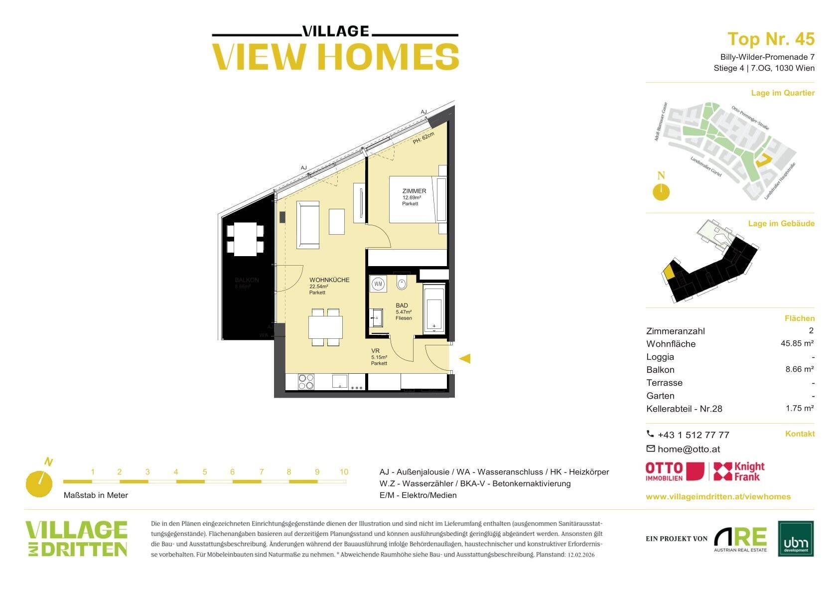 Grundriss einer Zwei-Zimmer-Wohnung mit Loggia und separatem Schlafzimmer.