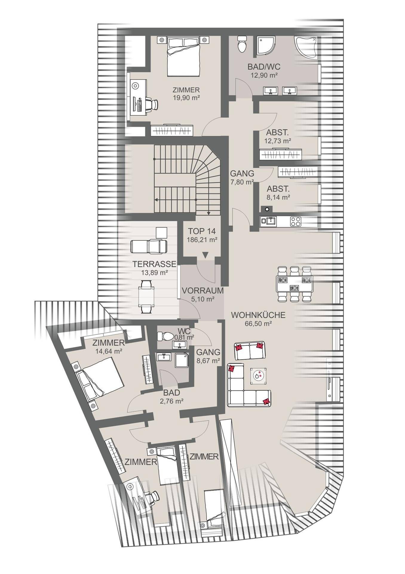 Detaillierter Grundriss einer Wohnung mit mehreren Zimmern, Terrasse und Bädern.
