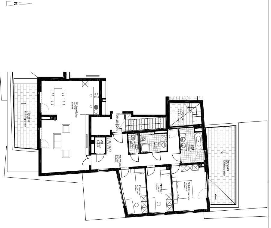 Detaillierter Grundriss einer Wohnung mit mehreren Zimmern, Terrassen und offenem Wohnbereich.