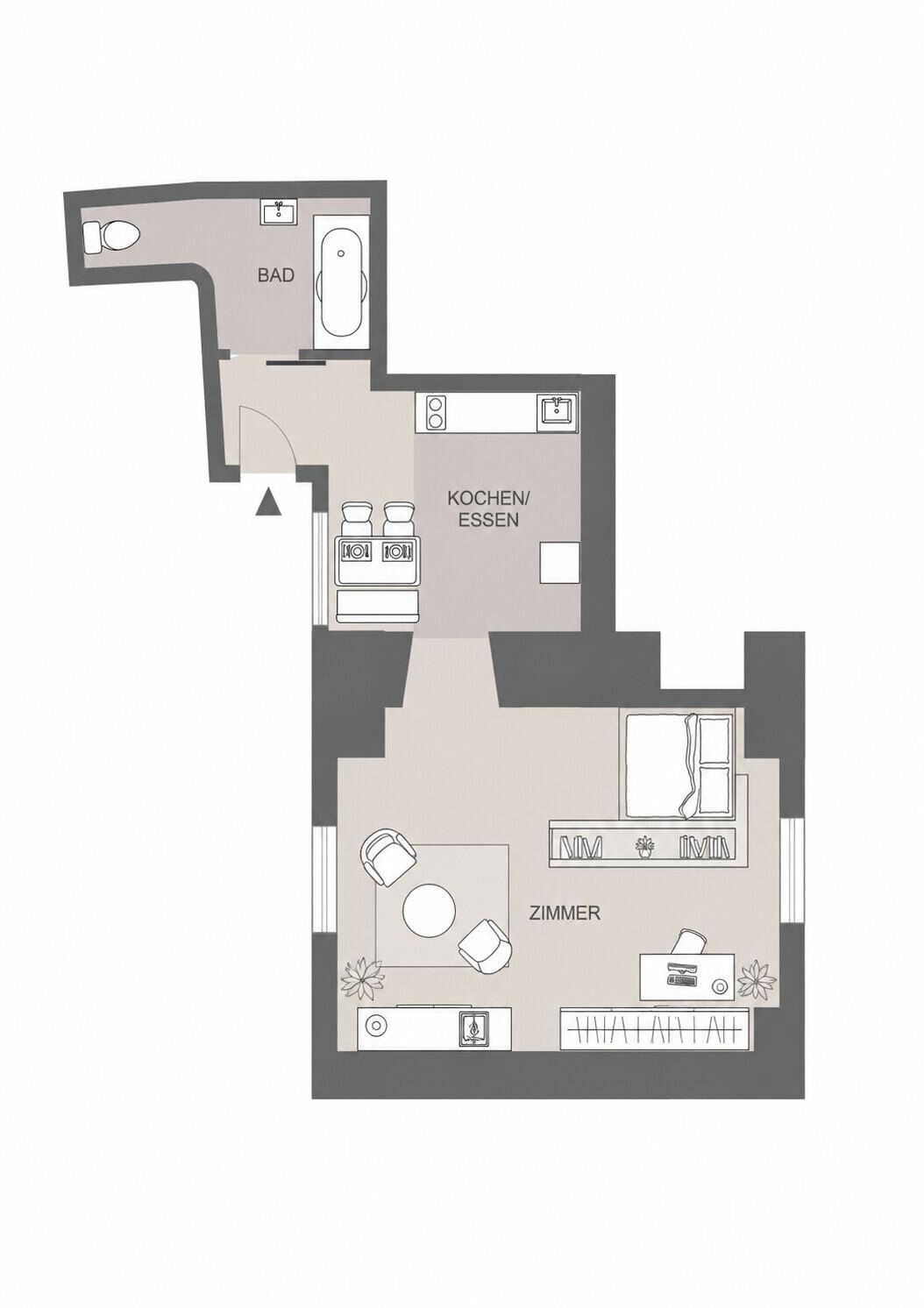 Grundriss einer Wohnung mit Schlafzimmer, Bad und offener Küche.