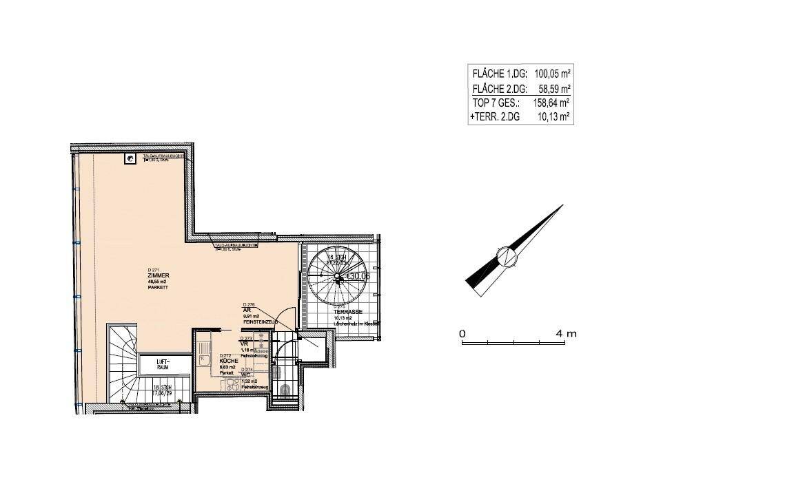 Grundrissplan des zweiten Dachgeschosses mit Zimmer, Treppe und Terrasse.